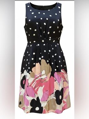 Jax Size 8 100% Silk Dress Black Polka Dot Pink Floral Fit & Flare Lined